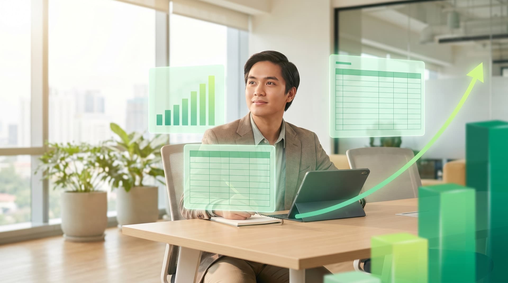 A Filipino CPA reviewer studying with glowing financial dashboards